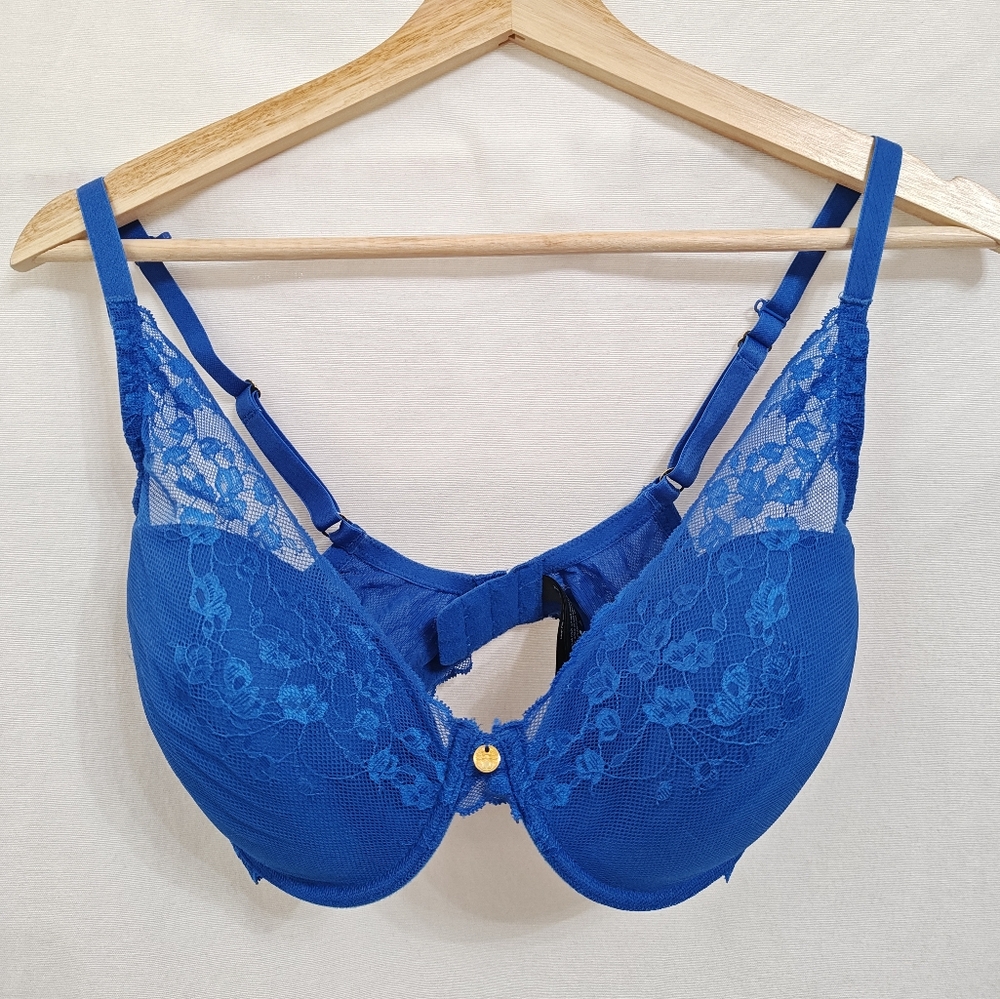 Natori Cherry Blossom Lace Plunge Bra Tee shirt Lace Blue‎ J Hook 34DDD 721191